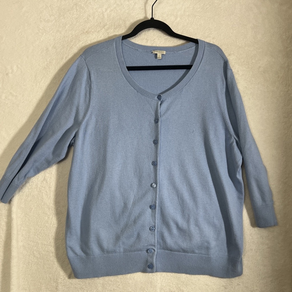 Talbots Plus Women's 2X Blue Button Up 3/4 Sleeve Cotton Blend Cardigan Sweater